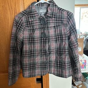 Miss Lili Black and Pink Plaid Wool Blend Kids Pea Coat